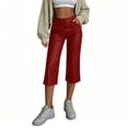 thumbnail image 5 of Women’s Faux Leather Capri Pants Elastic High Waist with Zipper & Button Closure, Loose Straight Wide Leg Cropped Trousers with Pockets Red, 5 of 9