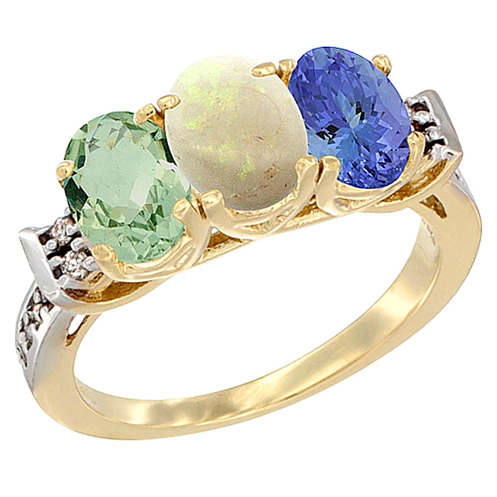 10K Yellow Gold Natural Green Amethyst, Opal & Tanzanite Ring 3-Stone Oval 7x5 mm Diamond Accent, sizes 5 10 by WorldJewels