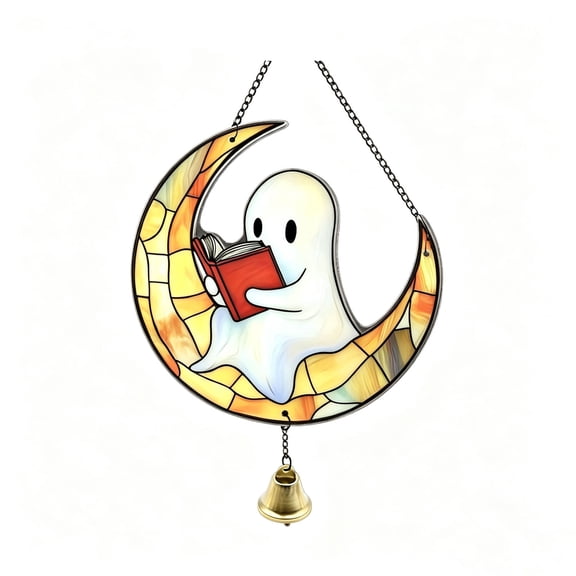 OCCOA Cute Ghost Stained Glass Style Acrylic Hanging Ornament with Bell Fall Pumpkin Window Suncatcher for Halloween Home Porch Decor Gift Idea, A