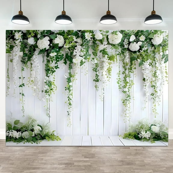 White Flower Backdrop Green Leaves Wedding Bridal Shower Photography Background Floral Rustic Wood Wall Birthday Party Banner Decorations Reception Ceremony Photo Booth Props