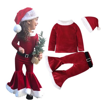 Mewmewcat Christmas Clothes Set for Lovely Girls Long Sleeve Bell Bottom Coral Santa Costume for 1-7 Years Baby Girls, Red 130yd