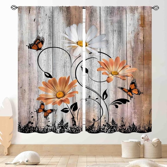 Oragne White Daisy Curtains, Farmhouse Flower Retro Woodedn Floral Spring Butterfly Rural Country Style Seasonal Window Drapery for Living Room Bedroom Kitchen Bathroom 2 Panels, 84"x63" Inch