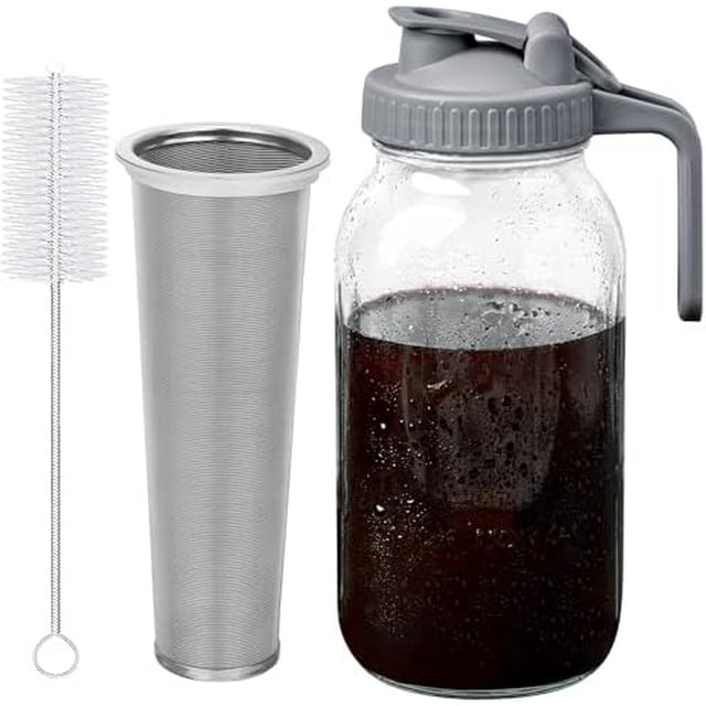 Cold Brew Coffee Maker - 2 Quart 64oz Stainless Steel Filter Cold Brew Pitcher Jar, No Leaks Cold Brew Mason Jar Coffee Maker, Easy to Clean Cold Coffee Maker Gray 64 Ounces Gray 64 Ounces