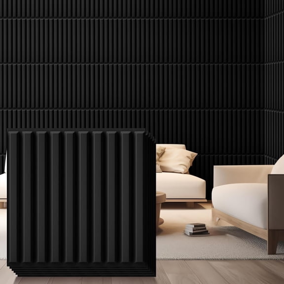 32 Pcs 3D Wall Panels for Interior Wall Decor, 12''x12'' Fluted Textured Black Accent Tiles Waterproof Paintable for Living Room TV Background Bedroom Bathroom Gaming Room, 32 Sq. ft Coverage