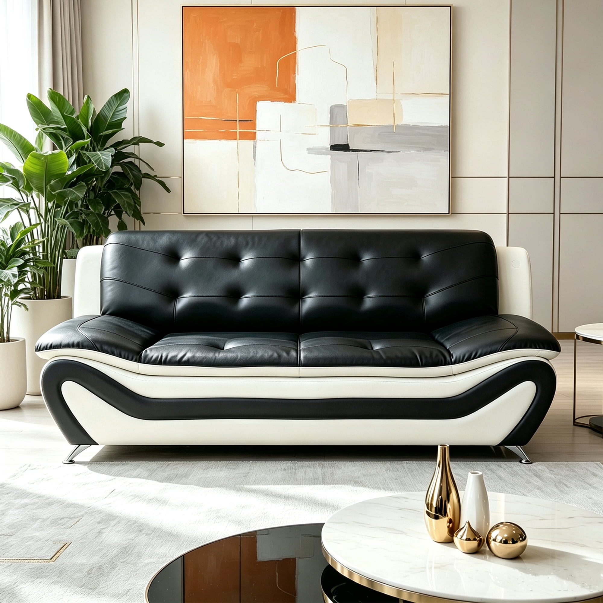Aukfa 76.5" Upholstered 3 Seat Sofa Couch for Living Room, Leather, Tufted Back, Black&White