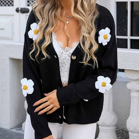 CaiJunJia Sweaters for Women Fall Winter Women's Button Cardigan Sweater Flower Embroidered Knitted Coat