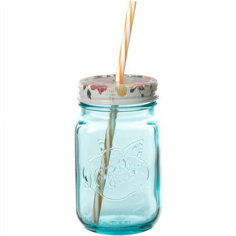 The Pioneer Woman Sapphire 16 oz. Drinking Mason Jars with Lids and Straws  (Aqua straws)