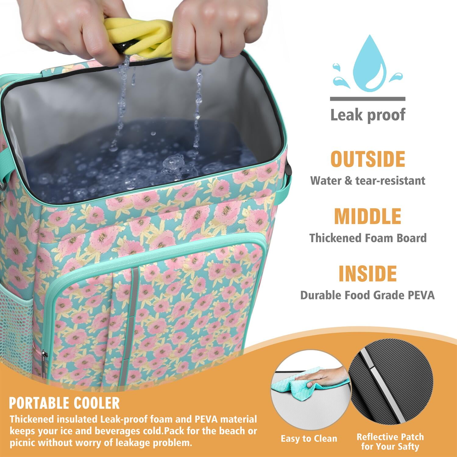 Travel Cooler Bag - Pioneer Flower Floral Print Pattern Camping Beer Cooler Backpack with Bottle Opener- Waterproof Insulated Picnic Backpacks - Cooler Bag for Beach