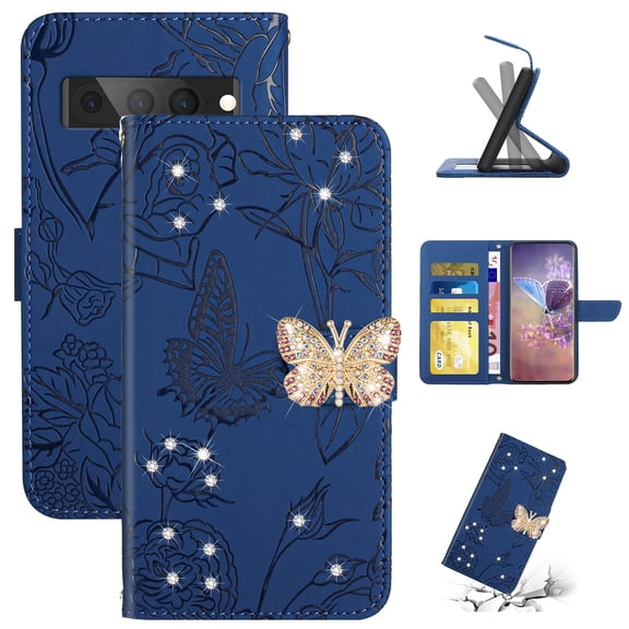 Flower Pattern Wallet Case for Google Pixel 8 Pro with Wrist Hand Strap Crossbody Lanyard, Sparkle Rhinestone Butterfly PU Leather Cover with Card Slots & Kickstand & Magnetic Clasp, Darkblue