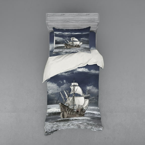 Ambesonne Grey Bedding Set 3 Pcs, Caribbean Pirates Ship, Twin, Blue Grey Pale Grey