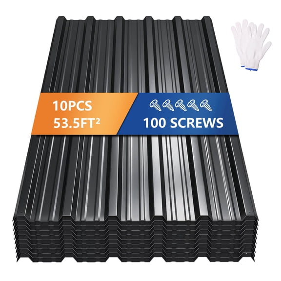 Bezseller 10Pcs Black Metal Roofing Panels with Protective Film, Corrugated Roof Panels for Roof, Chicken Coop, Fence, Carport, Walls