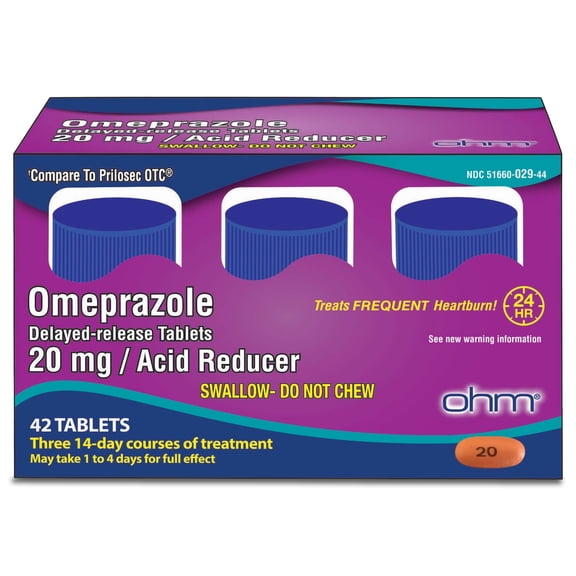 Ohm Omeprazole 20mg, 42 Delayed-Release Tablets, Acid Reducer for Frequent Heartburn, 24-Hour Relief Heartburn Medicine, Helps Relieve Stomach & Chest Discomfort (6 Weeks of Supply, 42, Count)