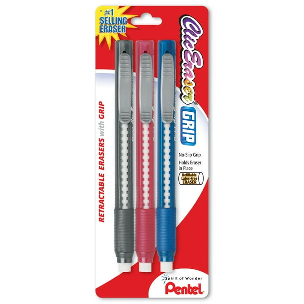 Pentel Clic Eraser, Retractable Eraser with Grip, Red, Black and Blue