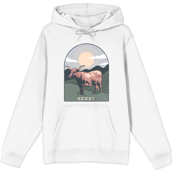 Western Howdy Cow Adult White Long Sleeve Hoodie-Large