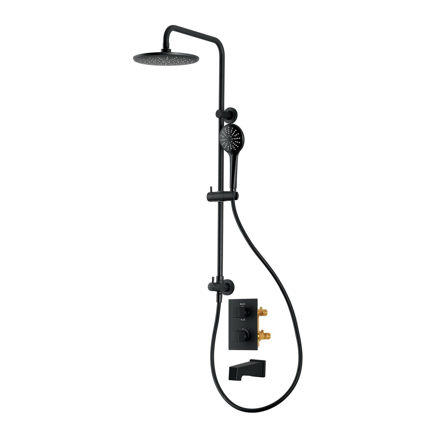 The akuaplus® thermostatic valve with 4-way diverter, adjustable shower post system, 3 Settings Hand shower, shower head  and spout, Matte black finish