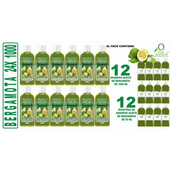 Bergamota 24X 1000 VIVONATURAL. 12 Shampoos Aceite de Bergamota 1000 ml + 12 Shampoos Aceite de Bergamota Crecimiento Capilar de bolsillo de 50 ml