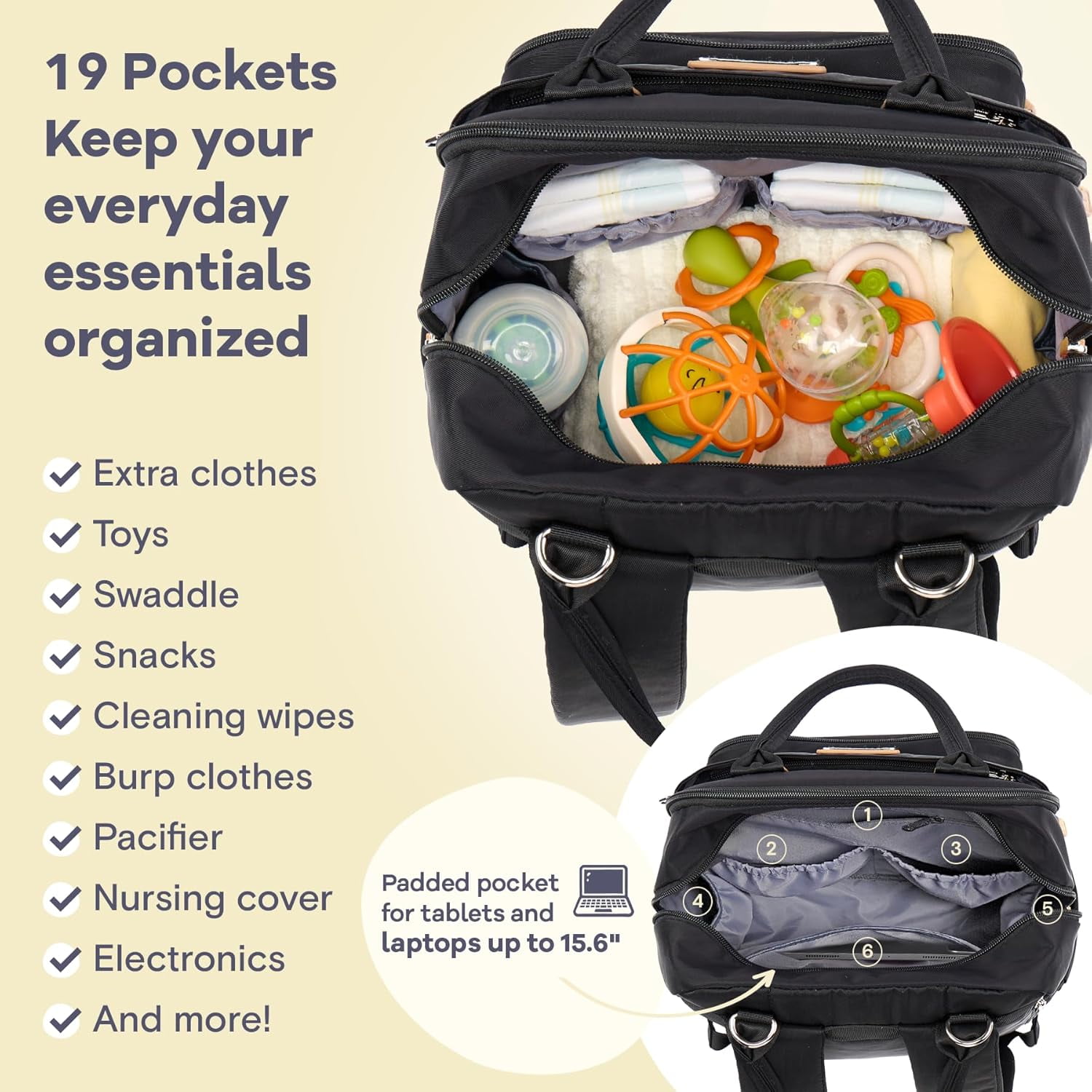 RKXQTDiaper Bag Backpack, Multifunction Travel Pack Maternity Baby Changing Bags, Large Capacity, Waterproof, Black