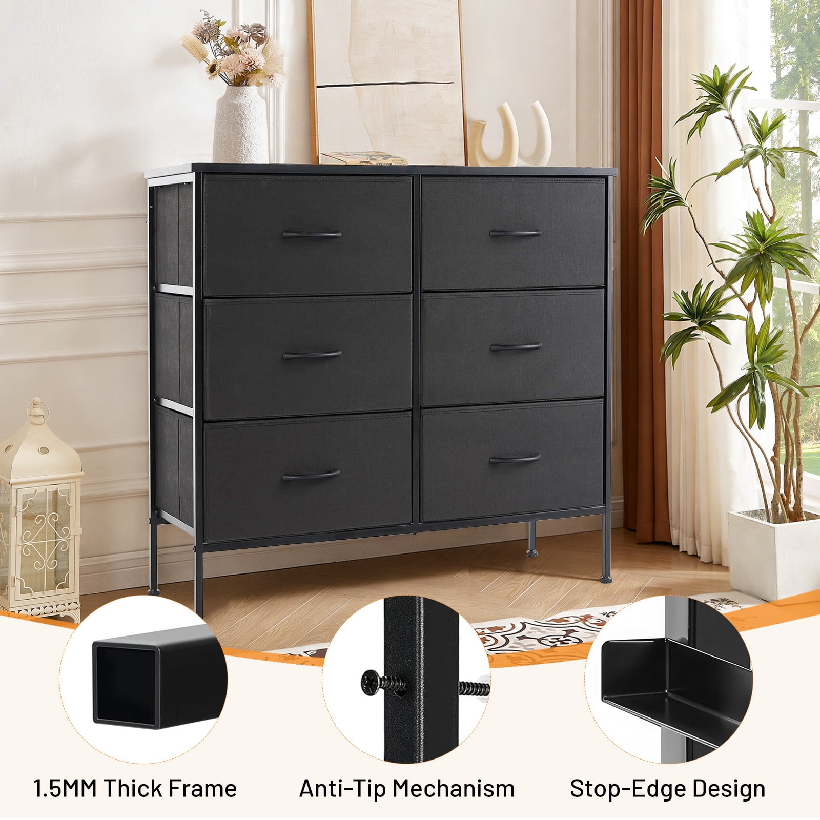 Sybels Storage Dresser with 6 Drawers, Anti-Tip Fabric Chests Organizer Tower Furniturefor Bedroom, Closet, Hallway, Entryway, Black
