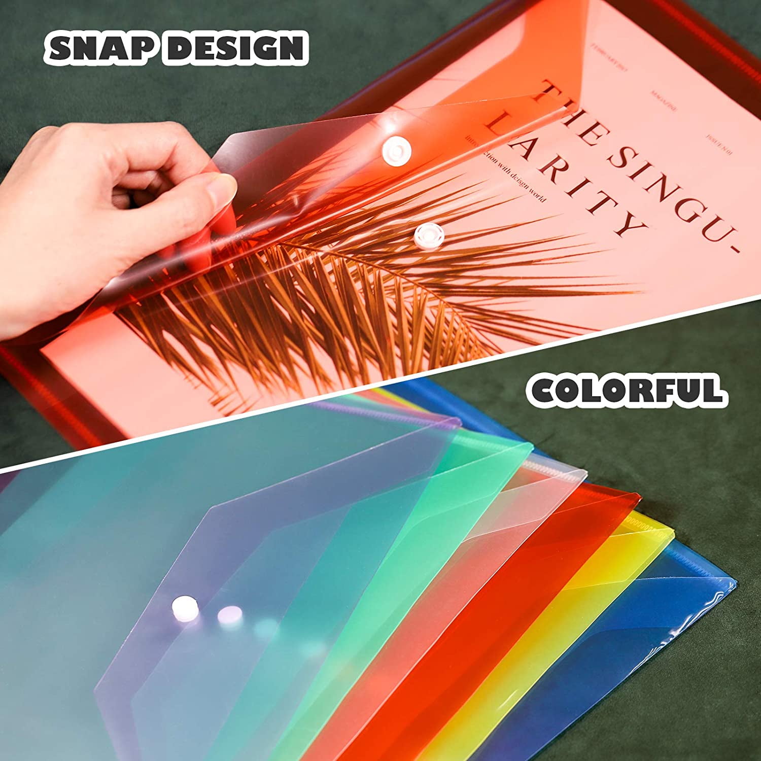 12 Pack Plastic Envelopes Poly Envelopes,A4 Clear File Bags Document Folders Document Organizers with Snap Button for Document Stationery Tools Organization, in 6 Assorted Colors