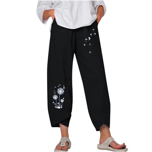 Pantalones Estampados de Bolsillo de Algodón Y Lino Sueltos Casuales de Verano Para Mujer Pantalones Odeerbi ODB-6