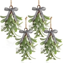 4PCS Artificial Mistletoe Pick Buffalo Plaid Bow White Berries Mistletoe Kissing Ball Christmas Mistletoe Hanging Ornament Christmas Tree Ornaments for Christmas Party Tree Decorations