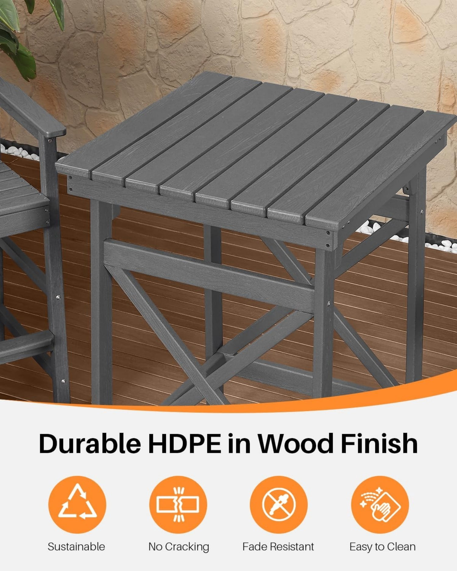 3-Piece Adirondack Bar Table Set, HDPE Outdoor Bar Height Chairs and Table Set, All Weather Patio Bar Furniture for Balcony, Porch, Garden, Poolside, Smoke Gray