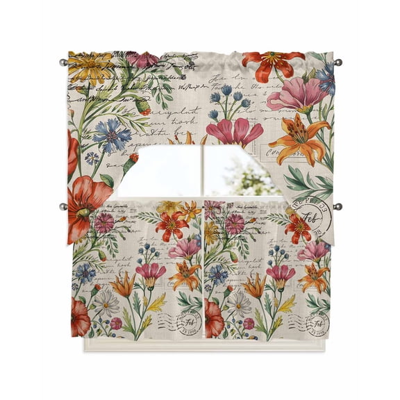 Summer Botanical Kitchen Curtains Swag Valance and Tier Curtains Set 24 Inch Length, Vintage Watercolor Flower Palnt Rod Pocket Drape Panels Pair Swag Curtains for Bathroom/Cafe/Window