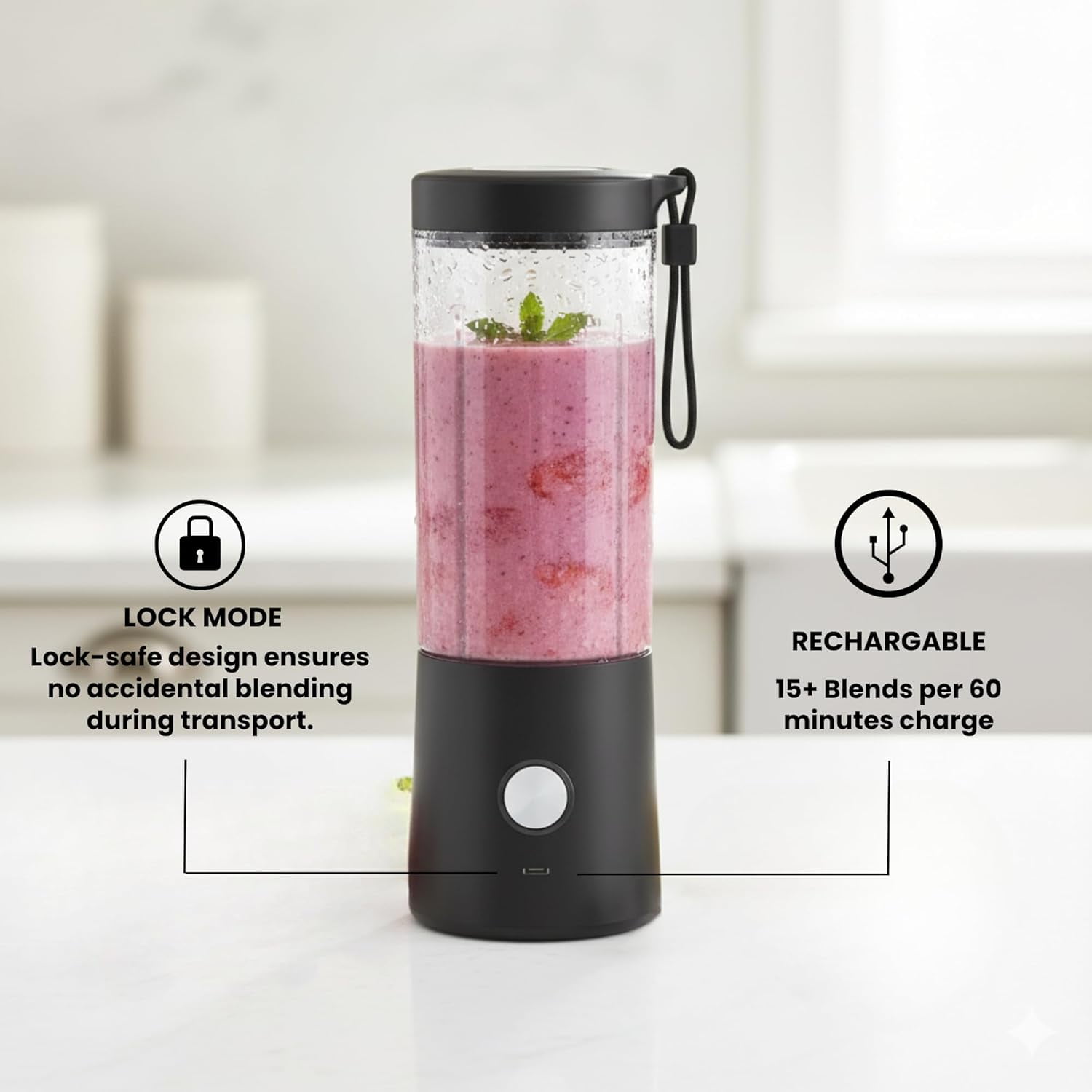 Portable Blender for Smoothies & Shakes – 16oz Mini Personal Blender Bottle, USB-C Rechargeable & Self-Cleaning – Black – Perfect Holiday Gift