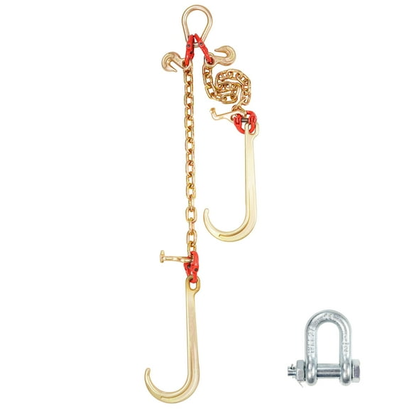 KFFKFF G80 V Bridle Chain, 3/8" x 2' with 15" J Hooks, T Hooks & Grab Hooks, Durable Tow Chain Bridle for Flatbed Truck Wrecker Recovery, 7800 lbs Safe Working Load