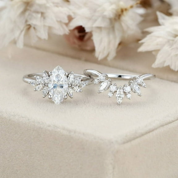 Silvago Jewel 2.1 Ct Marquise Cut Lab Created Diamond Ring - 14K White Gold Plated Ring - Engagement Ring Bridal Set Gifts - Gorgeous Cluster Diamond Anniversary Gift for Women's - Gifts for Birthday