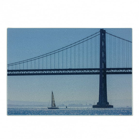 Sailboat Cutting Board, San Francisco Bay Bridge Sailboat from Pier 7 in California USA Landmark Photo Print, Decorative Tempered Glass Cutting and Serving Board, Small Size, Blue, by Ambesonne