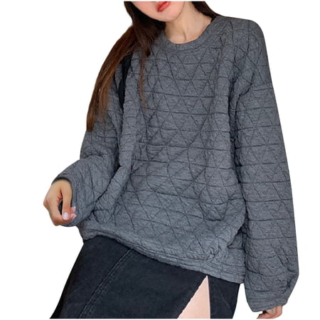 WCMZJ Sweatshirt for Women Quilted Pattern Long Sleeve Warm Pullover Crewneck Loose Fit Casual 2024 Fall Winter Tops Dark Gray L