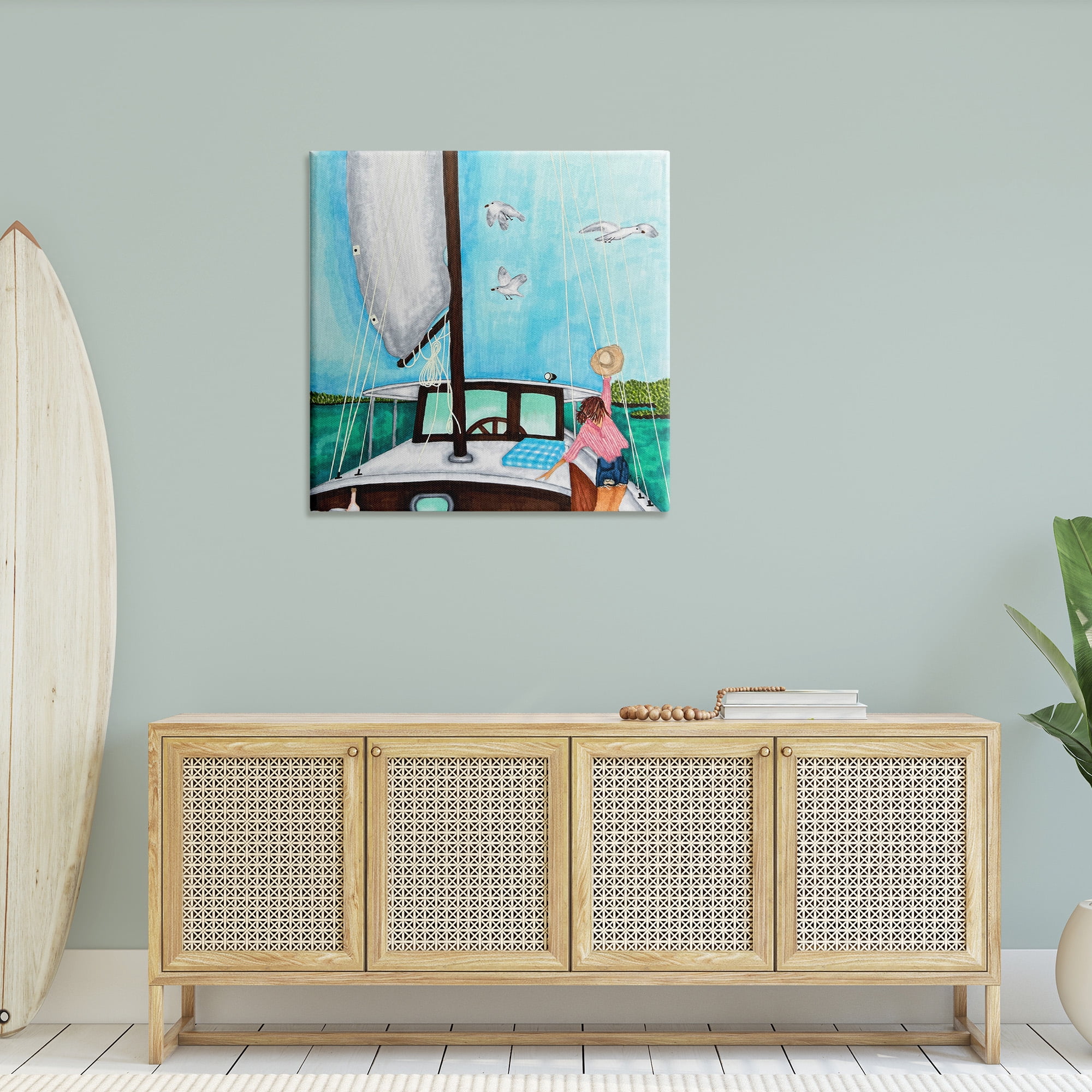 Stupell Industries Girl on Boat Scene Transportation Painting Gallery Wrapped Canvas Art Print Wall Art, 36 x 36