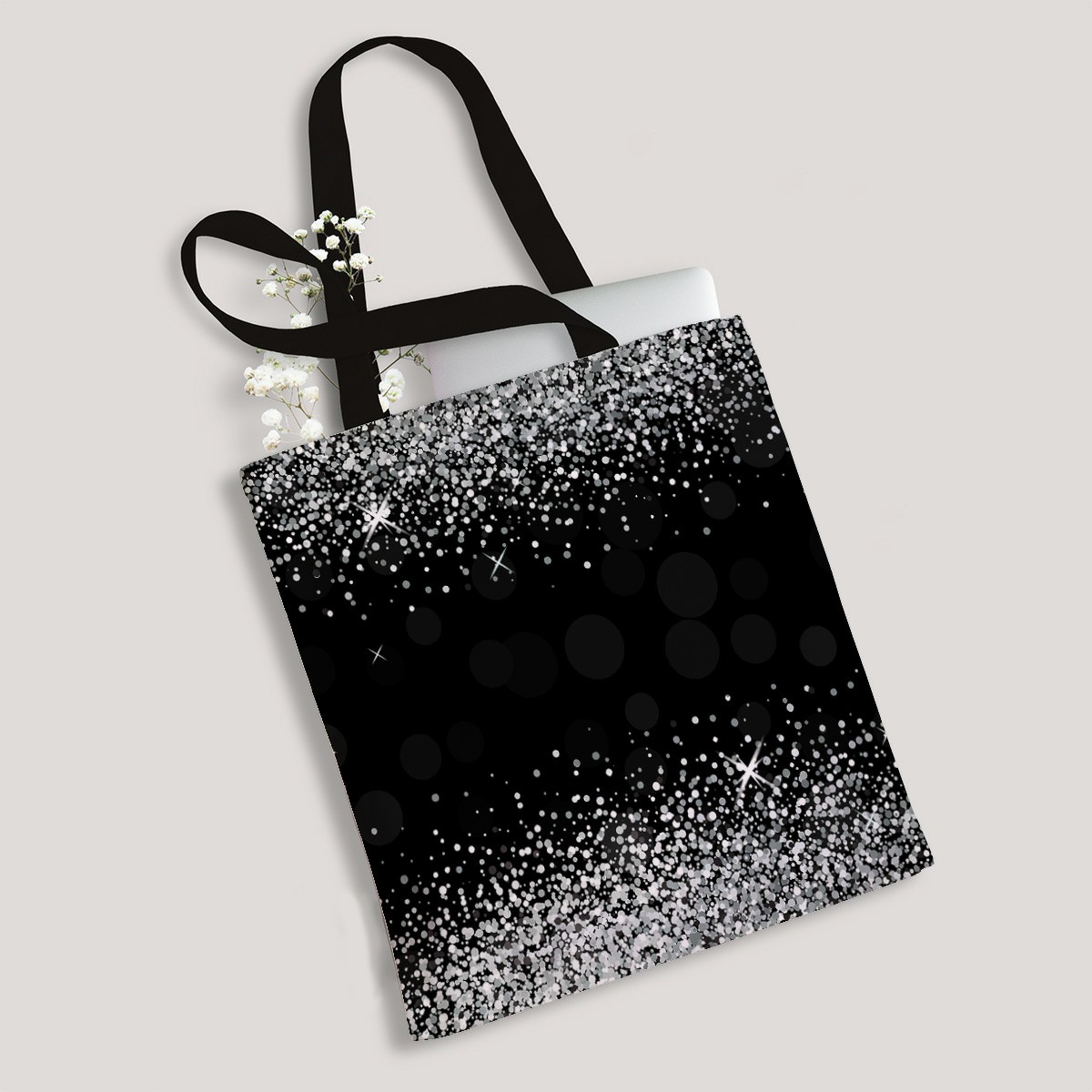 ABPHQTO Shiny Silver Glitter Black Canvas Bag Reusable Tote Grocery