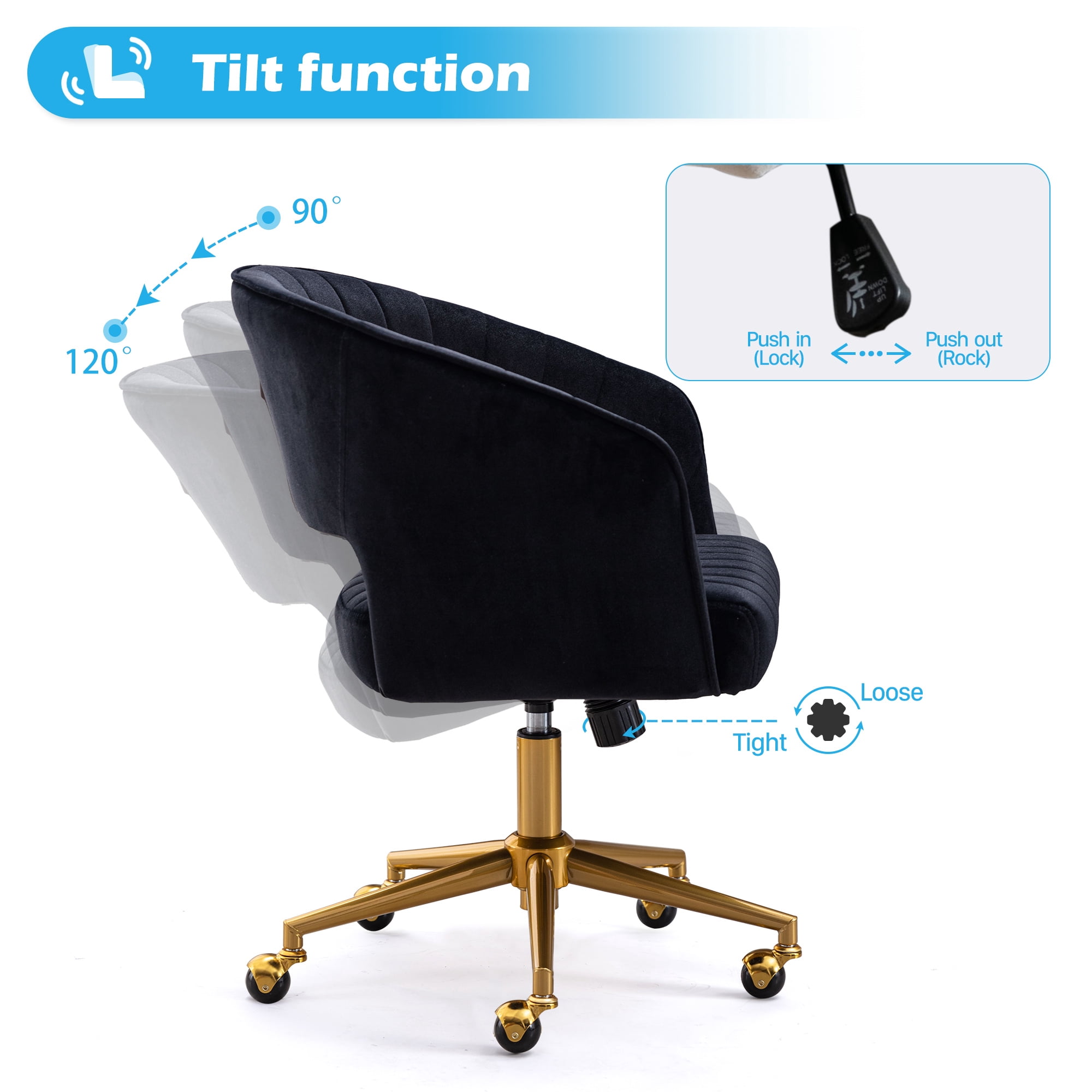KCC Velvet Office Chair for Women, Swivel Vanity Desk Chair with Gold Base and Wheels, Adjustable Upholstered Chair for Bedroom, Makeup Room and Home Office(Black)