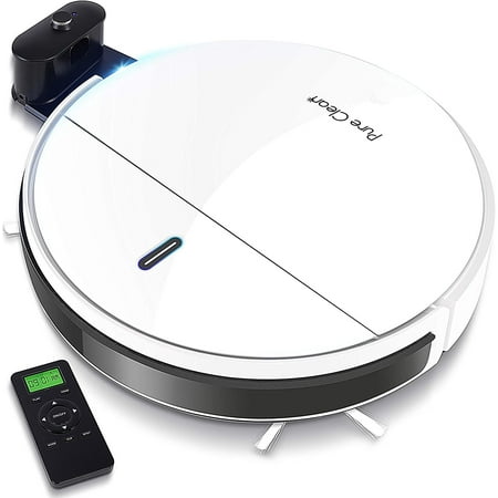 Pure Clean Smart Automatic Robot Cleaner-1400 PA Charging Robo Vacuum Cleaner with Docking Station, Self Activation, Anti-Fall Sensors-Carpet, Hardwood, Linoleum, Tile, White