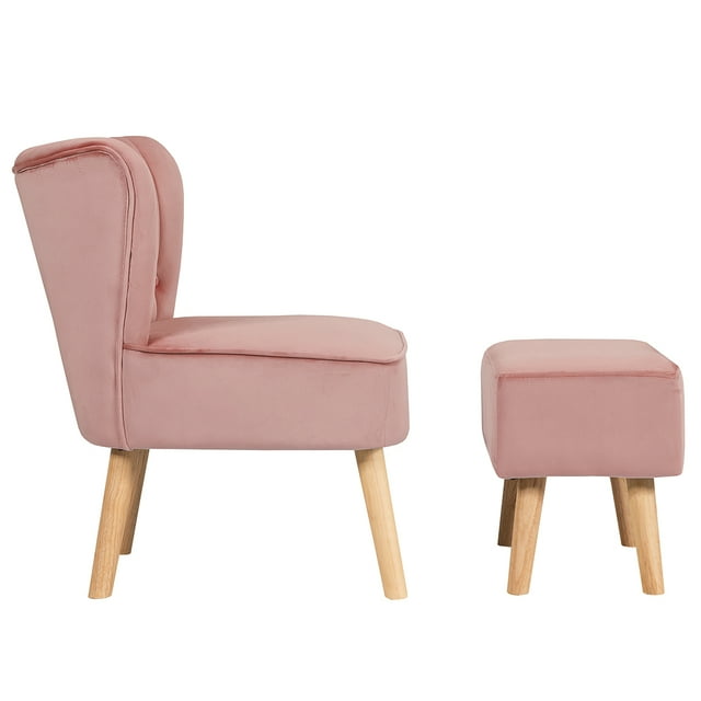 Patiojoy Chair Ottoman Set Modern Curved Tufted Sofa Chair Set with Velvet Upholstery Pink