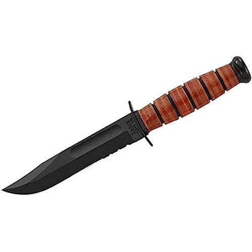 Ka-Bar USA Serrated Knife, Short Brown Leather/Black