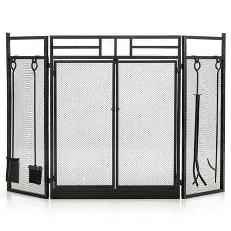 

Gymax 3-Panel Folding Wrought Iron Fireplace Screen W/ Doors & 4 Pieces Tools Set