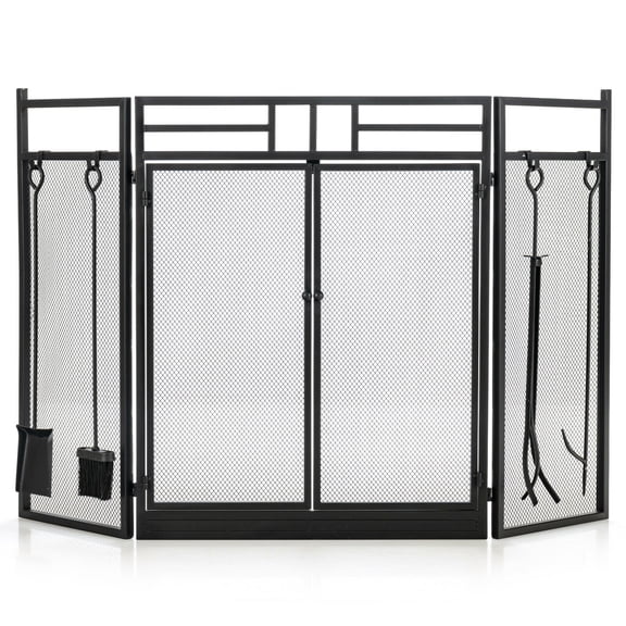 Gymax 3-Panel Folding Wrought Iron Fireplace Screen W/ Doors & 4 Pieces Tools Set