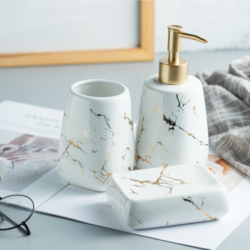 4 Pcs Bathroom Soap Dispenser Set Marble Bathroom Accessories Set Ceramic Bathroom Accessories Complete Set Vanity Countertop Accessory Set- 1 Soap Dispenser, 2 Tumblers, 1 Soap Dish, Glossy White