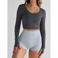 thumbnail image 2 of SUNSIOM Femmes à Manches Longues Crop Tops Col Rond Ajusté Serré Chemise Courte de Couleur Unie avec Trou pour le Pouce pour l'Automne de Printemps, 2 of 5