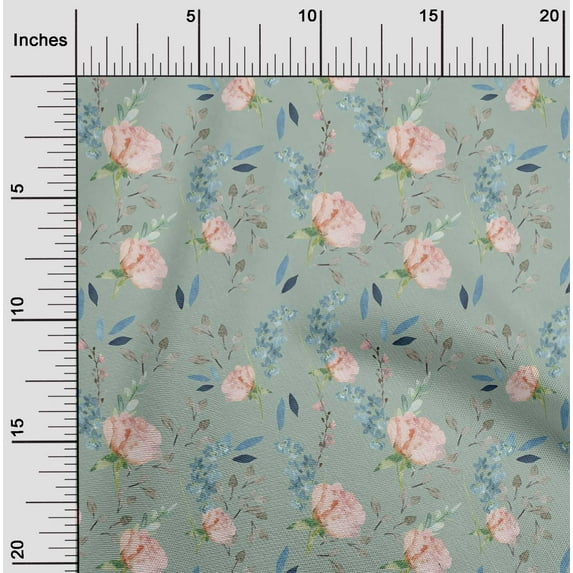 oneOone Cotton Poplin Dusty Green Fabric Flower & Leaves Watercolor Sewing Craft Projects Fabric Prints By Yard 56 Inch Wide