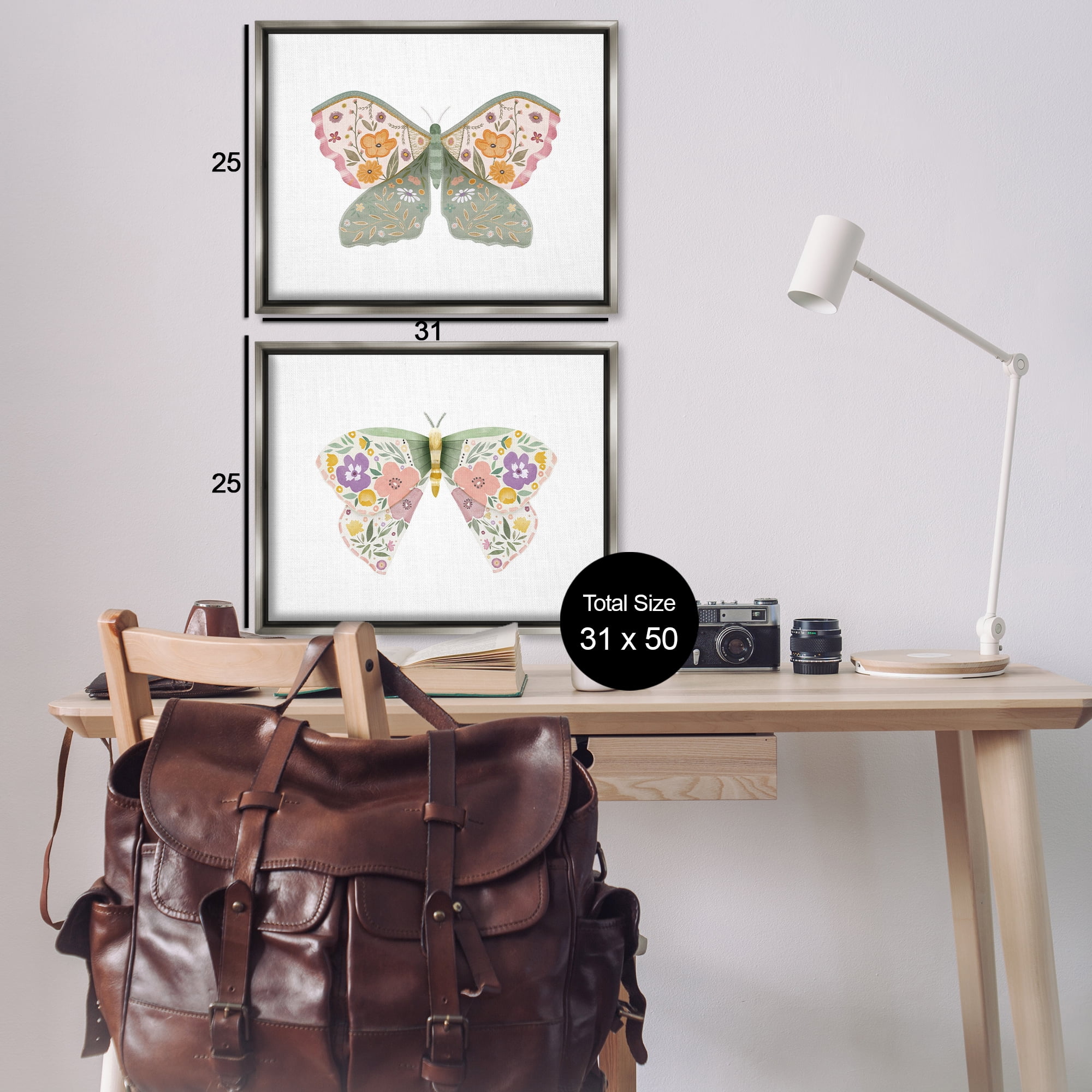 Stupell Industries Folk Florals Butterflies Insects Painting Gray Floater Framed Canvas Art Print Wall Art, 31 x 25, Set of 2