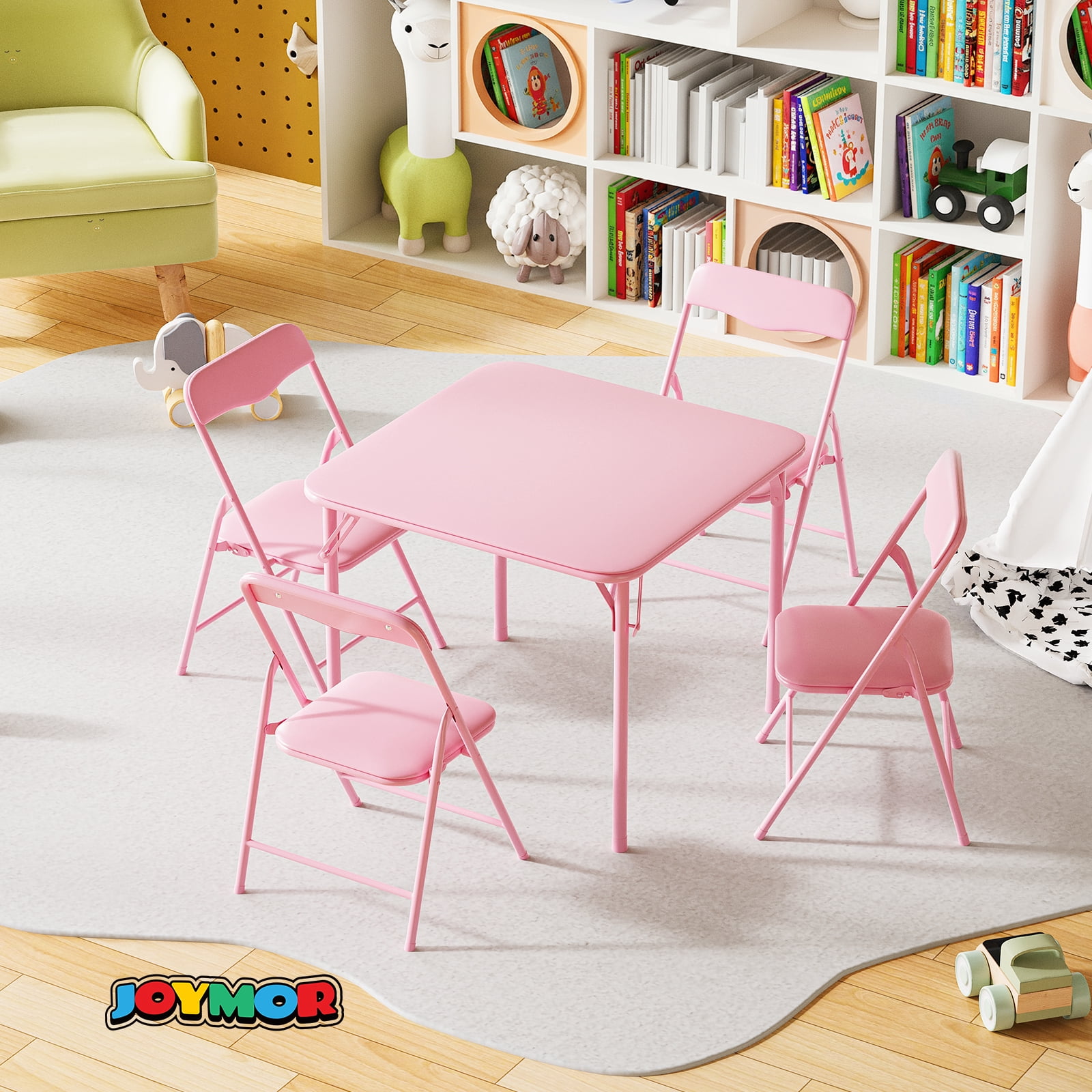 Matladin 3-Piece Kids Folding Table and Chairs Set, Metal Frame Children's Activity Set with Easy-Fold Design, Kids Table with 4 Chairs