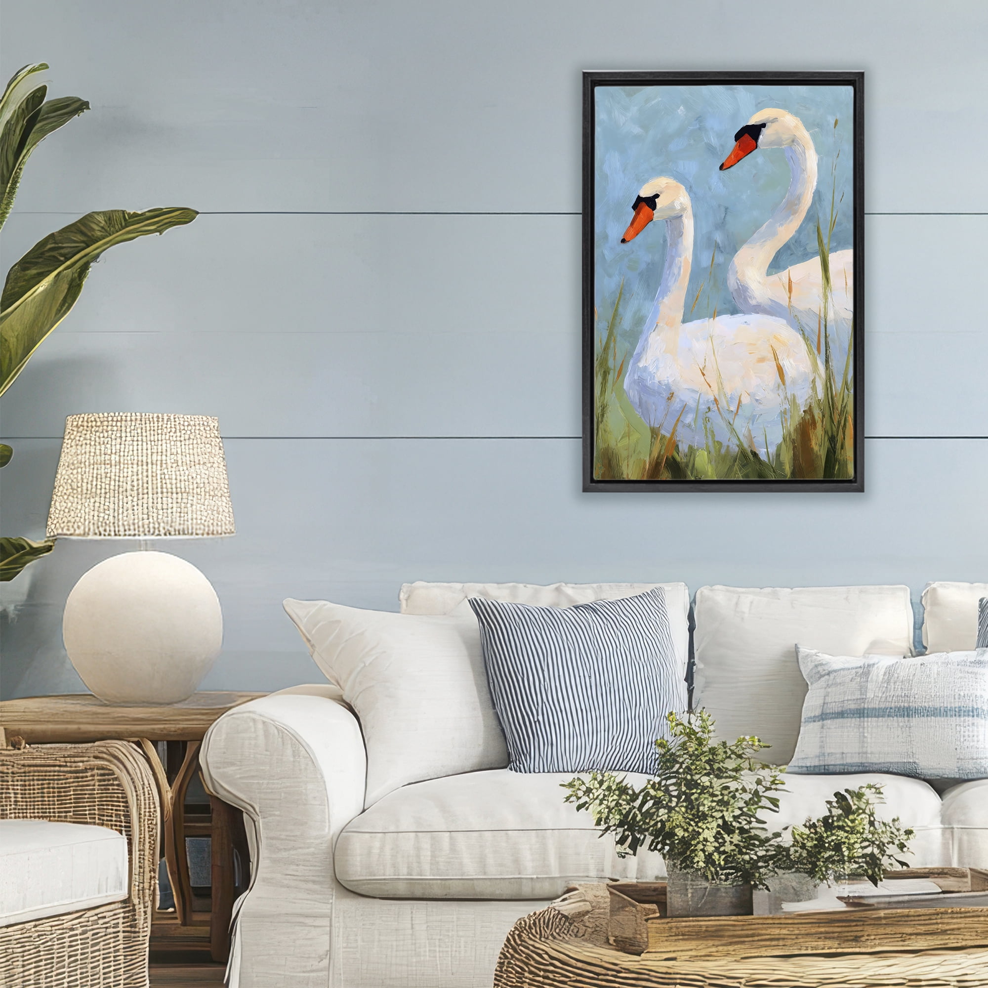 Stupell Industries Long Necks Swan Pear Black Framed Floater Canvas Wall Art, design by Petal Prints Design