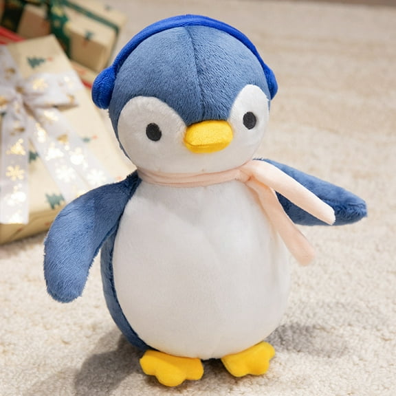 Christmas Plush Penguin Stuffed Animal 9.8’’ Cute Stuffed Penguin Plush Toy with Headphones and Scarf Plush Dolls for Birthday (Blue)