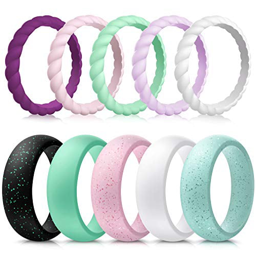 Thin and Braided Rubber Band Skin Safe Fashion Forthee 10 Pack Silicone Wedding Ring for Women Comfortable fit Colorful