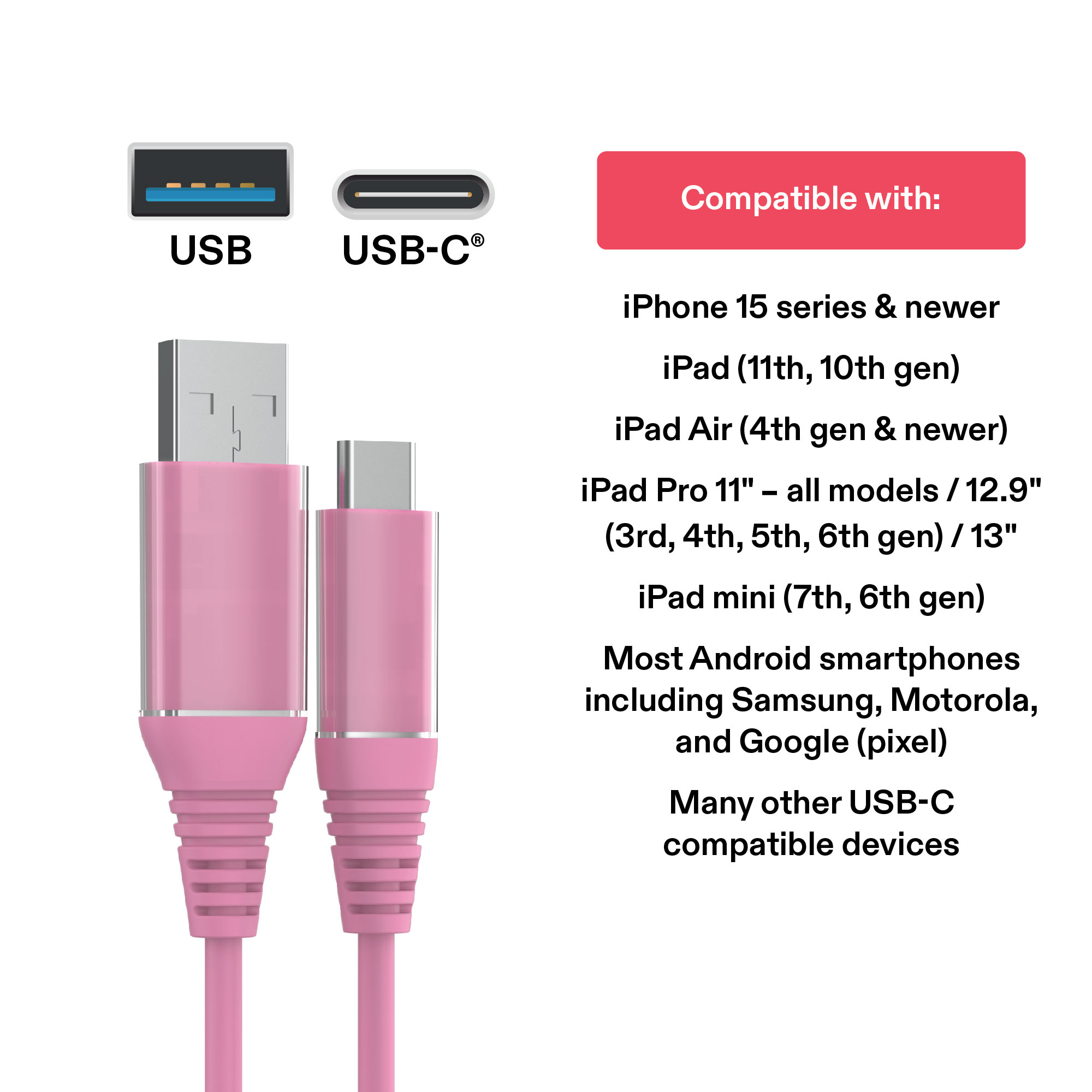 Cable de carga onn de 6 pies USB-C a USB-A, certificado USB-IF, rosa - Compatible con iPhone serie 16, iPhone serie 15, Samsung Galaxy, Note, dispositivos Pixel, iPad Pro y más 4