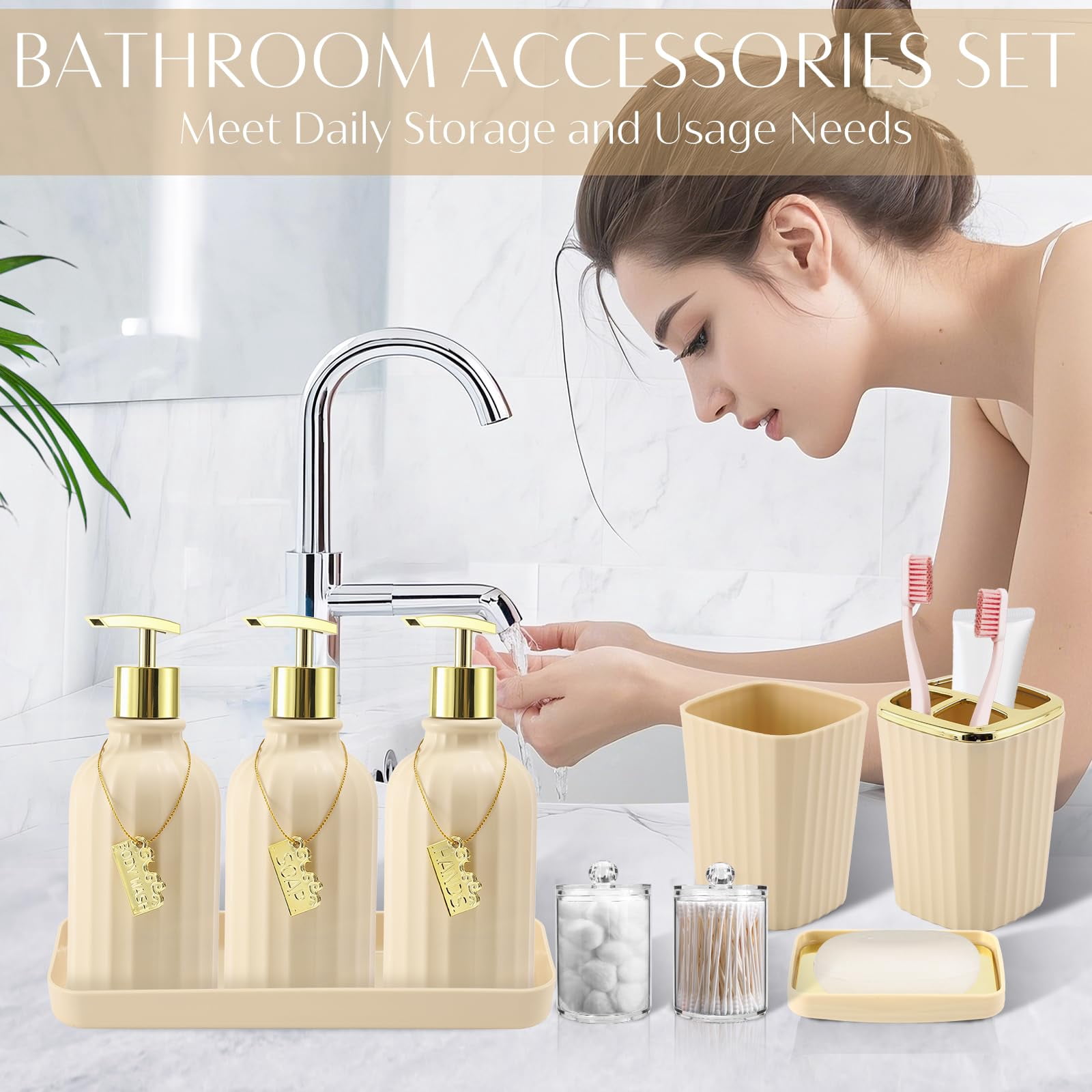 17PCS Bathroom Accessories Bathroom Set Black Bathroom Accessories,Toilet Brush, Trash Can, Qtip Holder Dispenser& 3PCS Soap Dispenser